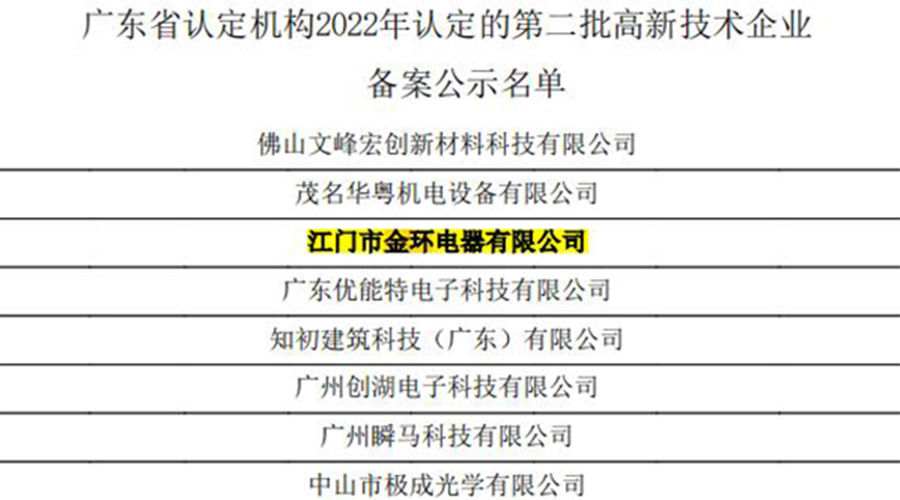 好消息！金環(huán)電器再次通過國家級“高新技術(shù)企業(yè)”認定